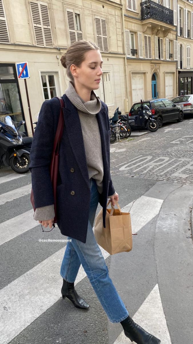 French Navy blazer black leather boots gray turtleneck Fall outfits via amaliemoosgaard