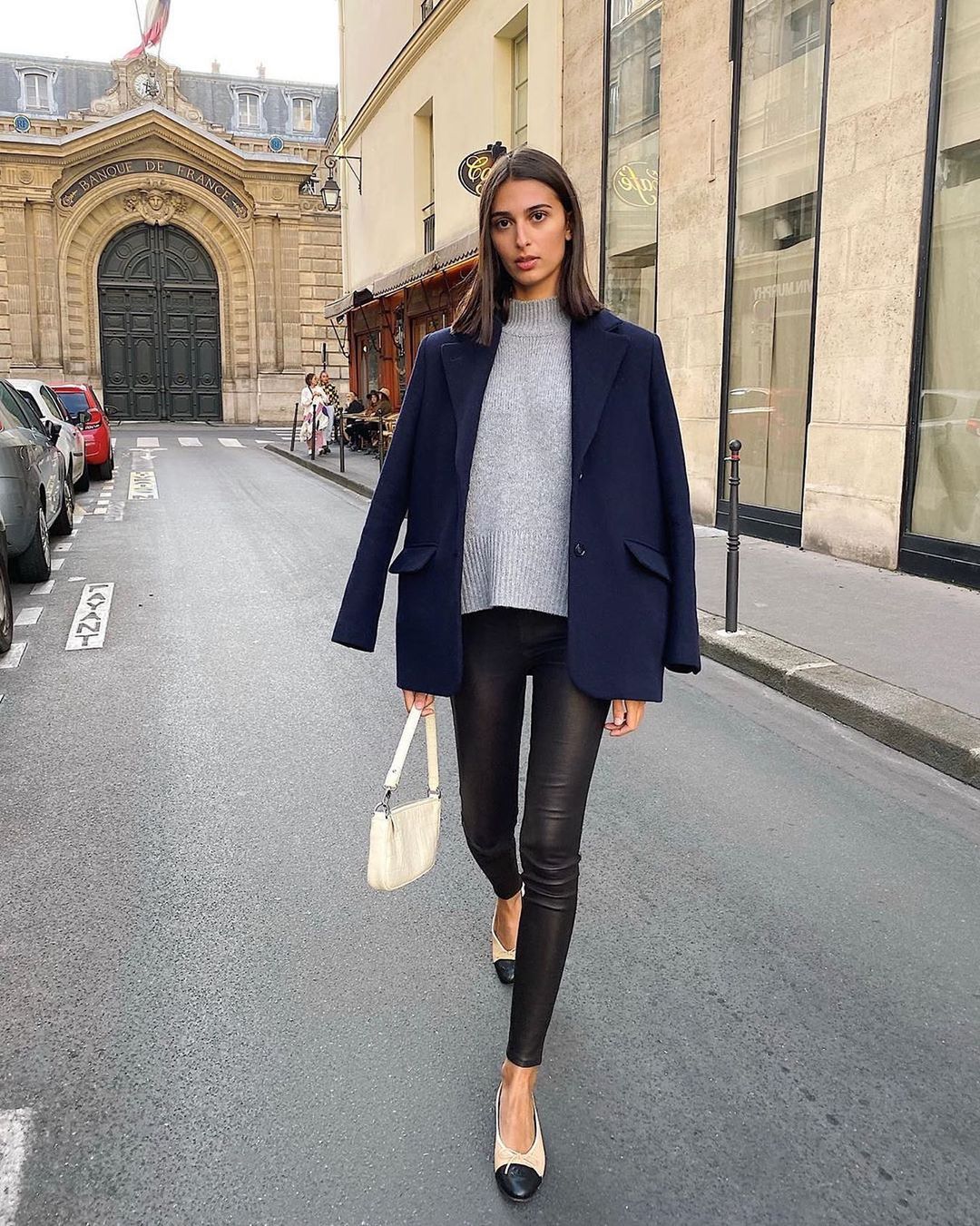 French Navy blazer black leather pants chanel flats fall @salome.mory_