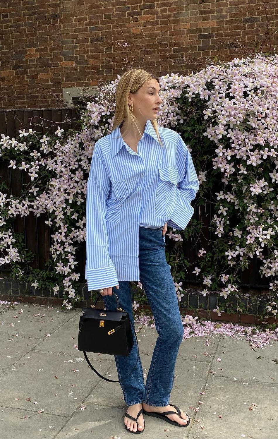 top tier style Blue Button up shirt outfit striped camillecharriere